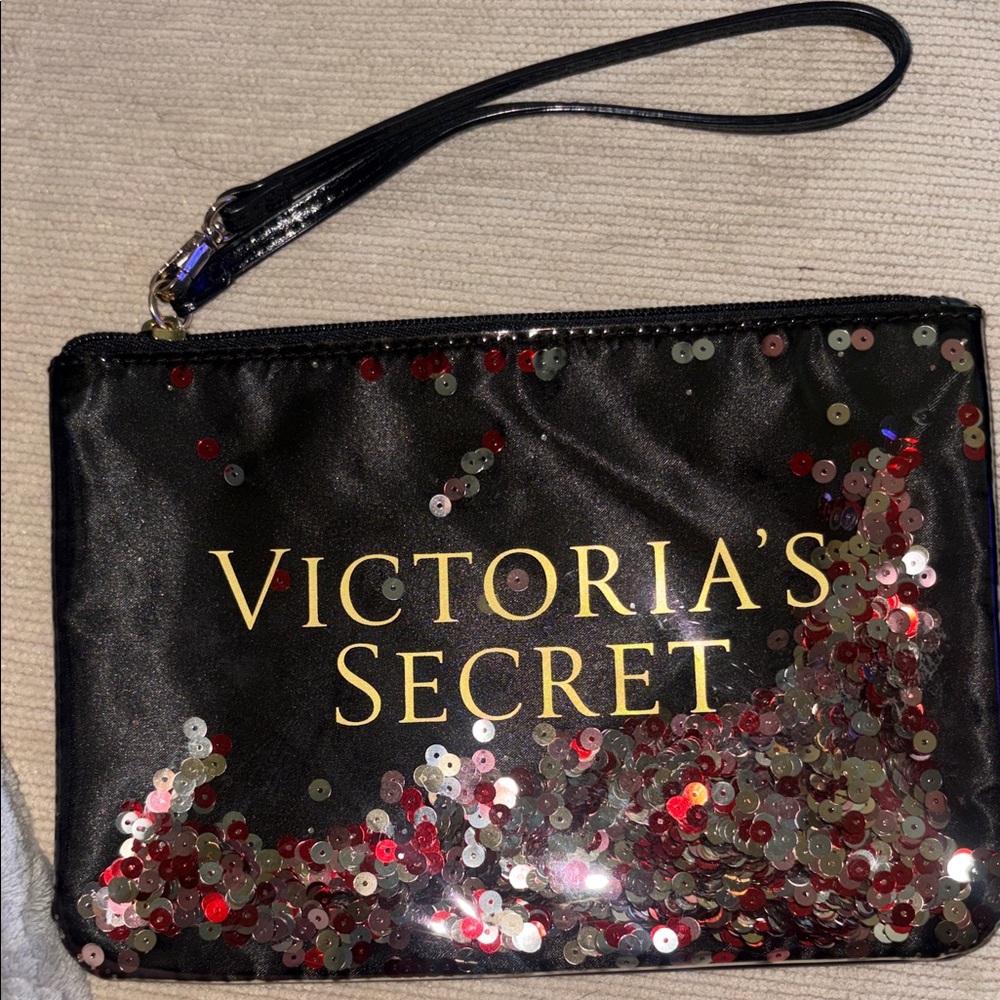 Victoria's Secret Black Sequin Wristlet with Red & Silver Accents